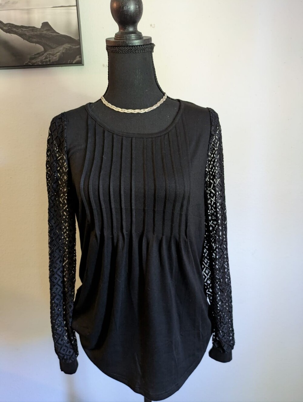 NWT APRRAIN Black Long Sleeve Top with Detailed Lace Sleeves - Size S